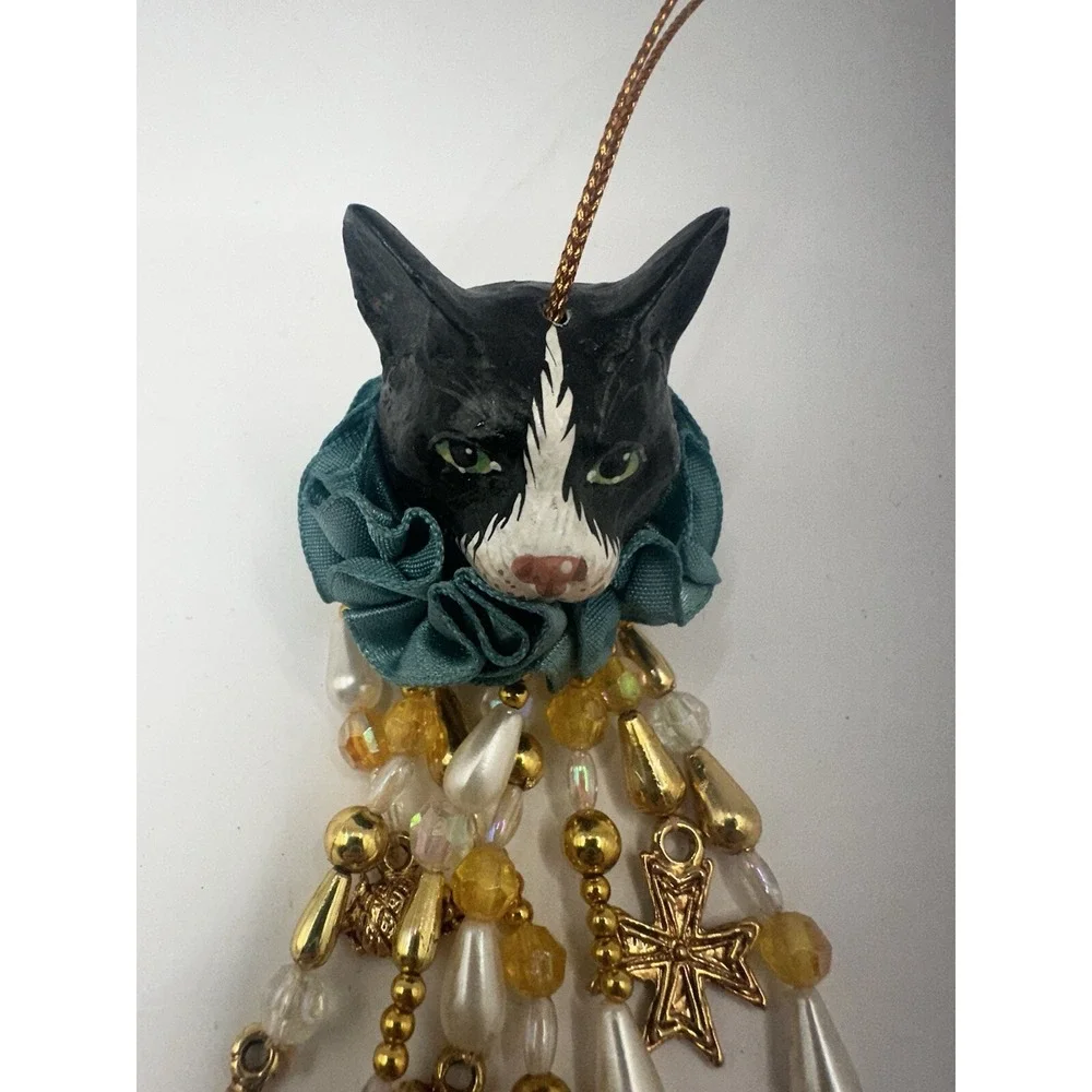 Whimsical Cat Ornament With Gold Toned Dangles Black And White